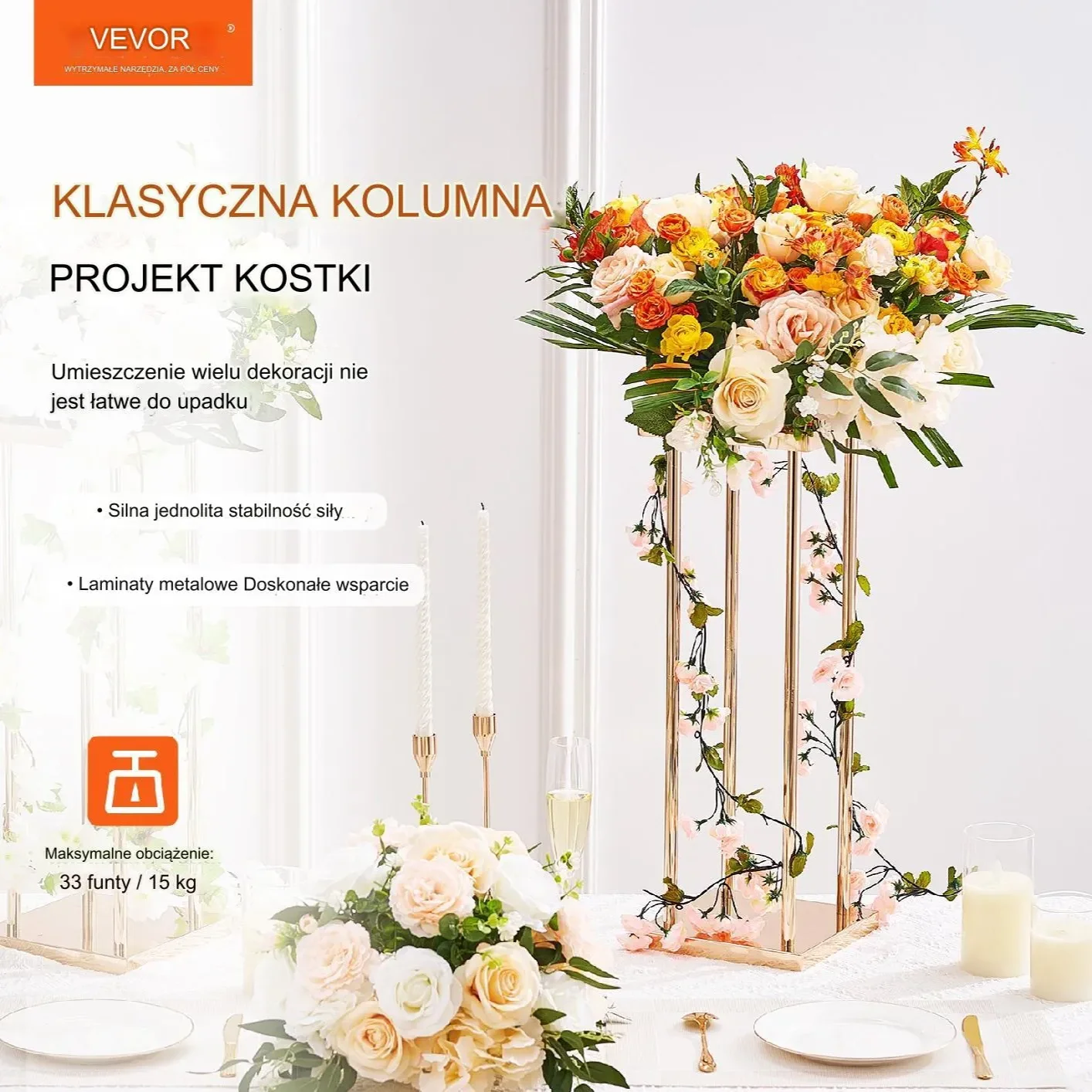 Stojak weselny na salę złoty kolor ślub wesele kwietnik na kwiaty 4 sztuki - obrazek 2